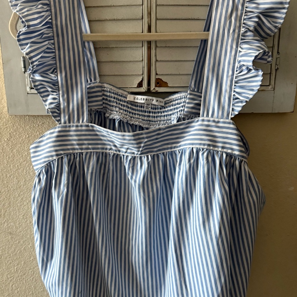 Celebrity Pink Blue and White Ruffle Top